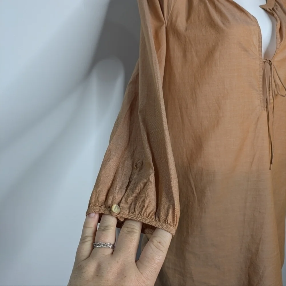J Crew tan sheer long sleeve 100% cotton tie neck blouse XS